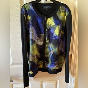 Jones New York black cardigan LP with zippered front in blue, green, & gold
